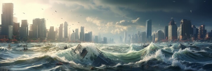 Tsunami on the city - obrazy, fototapety, plakaty