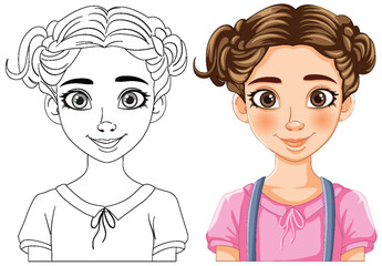 Black and white beside colored girl illustration.