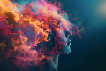 Woman with Colorful Smoke: Mental Health and Psychology Concept. - obrazy, fototapety, plakaty