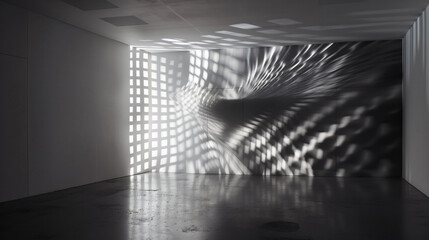 Fototapeta premium Design space with smooth floors and convex sharp walls. Projection of visual dynamic effects from smooth spreading lines. Exhibition object, digital work of art.