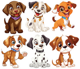 Six cute vector puppies with playful expressions.