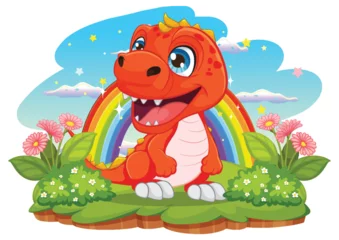 Schilderijen op glas Happy cartoon dinosaur with a rainbow background © GraphicsRF