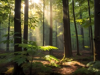 sun rays in the forest Sun rays through pine trees | Sun rays through oak trees | Sun rays on forest floor | Sunlit forest path | Sun rays in spring forest | Sun rays in summer forest