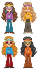Selbstklebende Fototapete Kinder Four girls with 70s style clothing and accessories.