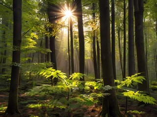 sun shining through trees Sunlight through birch trees | Morning sunlight through trees | Forest floor bathed in sunlight | Sunlight filtering through leaves | Sunbeams dancing in the trees