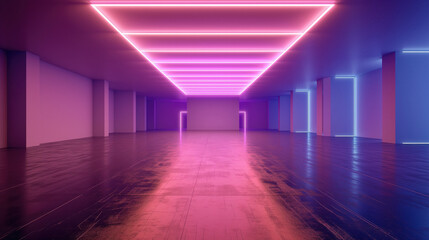 Modern sci-fi corridor background with glowing purple and blue neon lights and sleek metallic finish. Technologies and innovations. Futurism, space and interior.