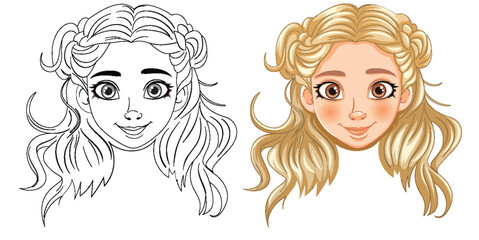 Vector illustration of a girl, line art and colored version.