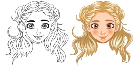Deurstickers Vector illustration of a girl, line art and colored version. © GraphicsRF
