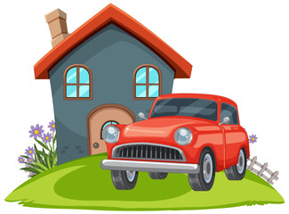 Vector graphic of a house and car on grass.