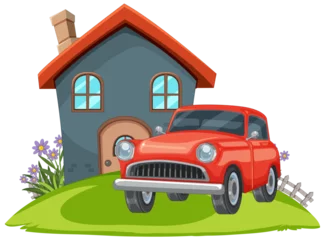 Foto auf Alu-Dibond Kinder Vector graphic of a house and car on grass.