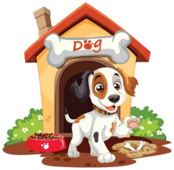 Foto auf Alu-Dibond Kinder Cartoon puppy with a bone near its doghouse