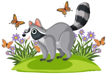 Selbstklebende Fototapete Kinder Cute raccoon surrounded by butterflies in a flower field.