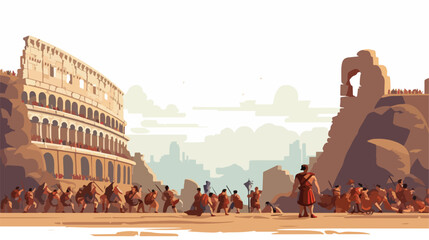 An ancient coliseum with spectators watching a gladia