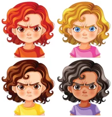 Selbstklebende Fototapete Kinder Four cartoon kids showing various angry expressions.