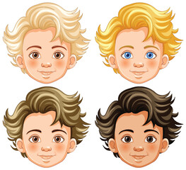 Four cartoon illustrations of young boys' faces.