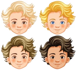 Selbstklebende Fototapete Kinder Four cartoon illustrations of young boys' faces.