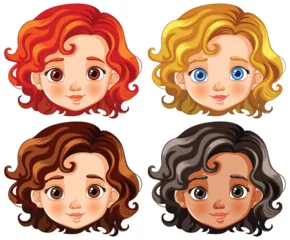 Foto auf Alu-Dibond Kinder Four cartoon kids with different hair and skin tones.