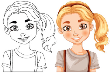 Black and white and colored vector illustrations of a girl