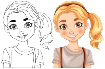 Selbstklebende Fototapete Kinder Black and white and colored vector illustrations of a girl