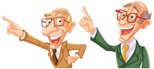 Two animated elderly men pointing and smiling.