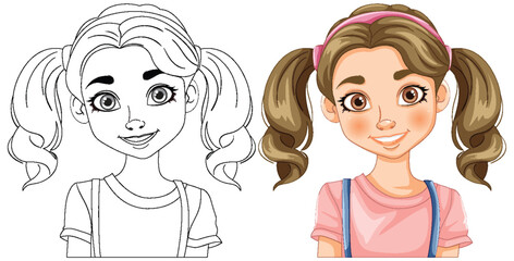 Vector illustration of a girl, before and after coloring