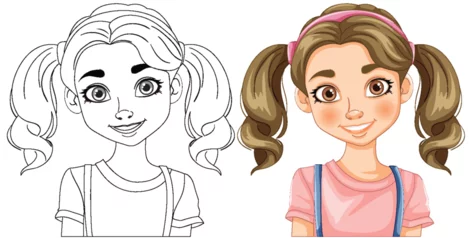 Foto op Canvas Vector illustration of a girl, before and after coloring © GraphicsRF
