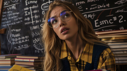 A concerned student stands in front of a chalkboard filled with complex equations.