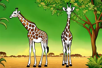 Schilderijen op glas two giraffes eating leaves in Africa Generative AI © 진호 김
