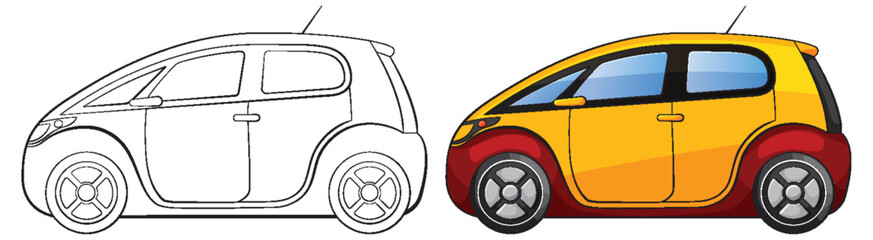 Outlined and colored compact car drawings side by side.