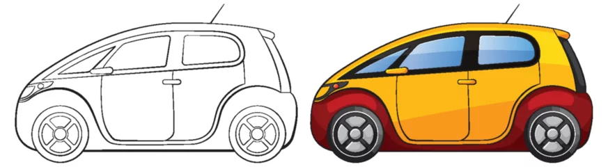 Rollo Kinder Outlined and colored compact car drawings side by side.