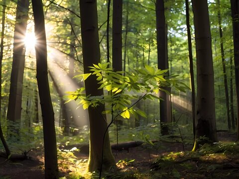 Sunlight in the forest | Forest sunlight | Sunbeams through trees | Nature photography | Forest landscape | Scenic view | Peaceful forest | Tranquil scene | Sun-dappled forest floor | Sunlit trees