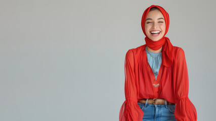 Fototapeta premium Arab woman wearing red shirt smiling laugh out loud isolated on grey