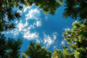 a view of the sky through the branches of a pine tree, looking up at the blue sky and white clouds.