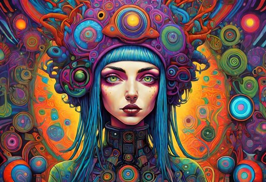 a punk woman psychedelic,  visionary art, goddess, android, psychedelic, art nouveau,  psytrance