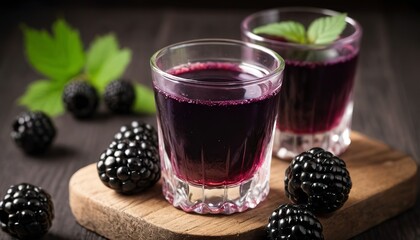 liqueur from blackberry in a shot glass - obrazy, fototapety, plakaty
