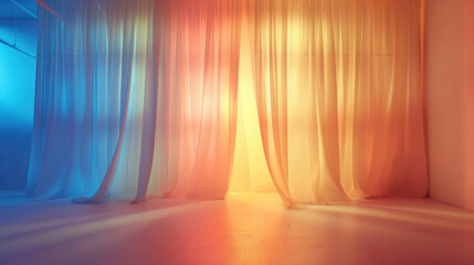 Bright space with sheer fabric curtains in pastel colors. Folds, airy light effect. Rays of the sun...
