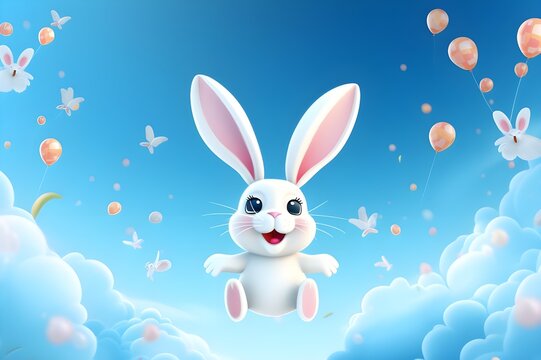 Cute cartoon happy bunny on blue sky and green meadow grass with daisy background adorable rabbit for easter spring holiday design ai generated illustration 3d render
