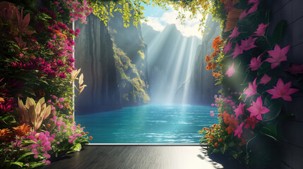 A room overlooking a blue lake and epic cliffs, filled with gorgeous growing flowers of different types. Bright rays of the sun. Botany, plants, ecology, beauty and environment. Desktop background.