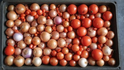 Mixed onions and tomatoes in a tray