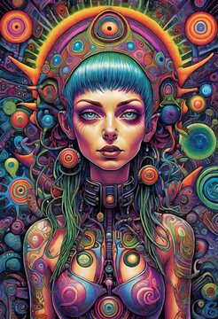 a punk woman psychedelic,  visionary art, goddess, android, psychedelic, art nouveau,  psytrance