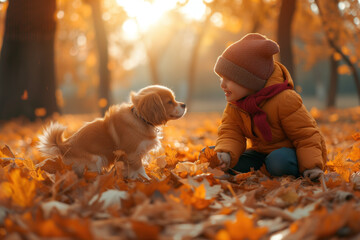Child's Autumn Adventure: Little Explorer with Dog Among Fall Leaves