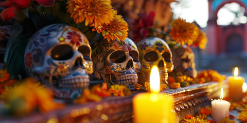 Multiple sugar skulls set up for Dia de los Muertos, surrounded by bright flowers and candles