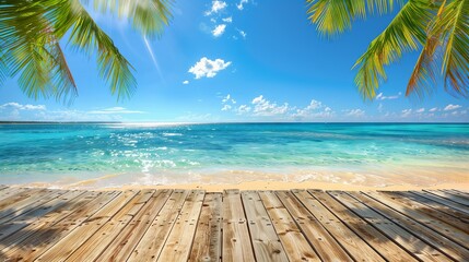 Wooden table with palm leaves, sand, and sea background. summer and vacation concept. product display montage.