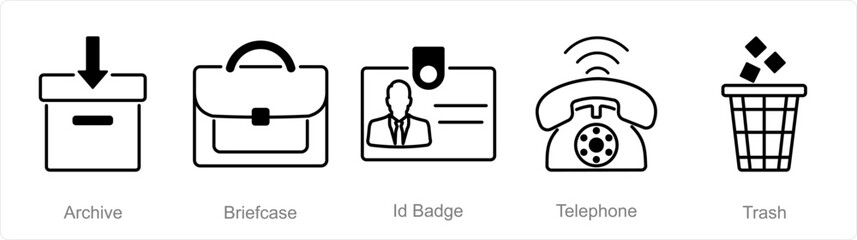 A set of 5 Office icons as archive, briefcase, id badge