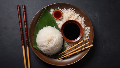 Noodles and rice on bamboo leaves with teriyaki sauce, soy sauce, wooden steamer and chopsticks over dark texture backround - obrazy, fototapety, plakaty