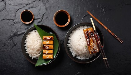 Noodles and rice on bamboo leaves with teriyaki sauce, soy sauce, wooden steamer and chopsticks...