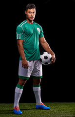 Man, ball and portrait for soccer, sport and match for fitness game and active for sportswear on...