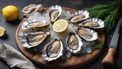 Opened oysters on a cutting Board with white wine, a bunch of dill and lemon slices. On dark rustic background
