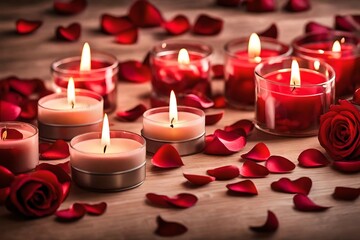 Rose petals and candles Valentine's Day background, romantic ambiance, horizontal with copy-space