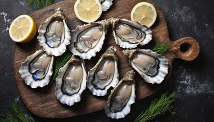 Opened oysters on a cutting Board with white wine, a bunch of dill and lemon slices. On dark rustic background - Powered by Adobe